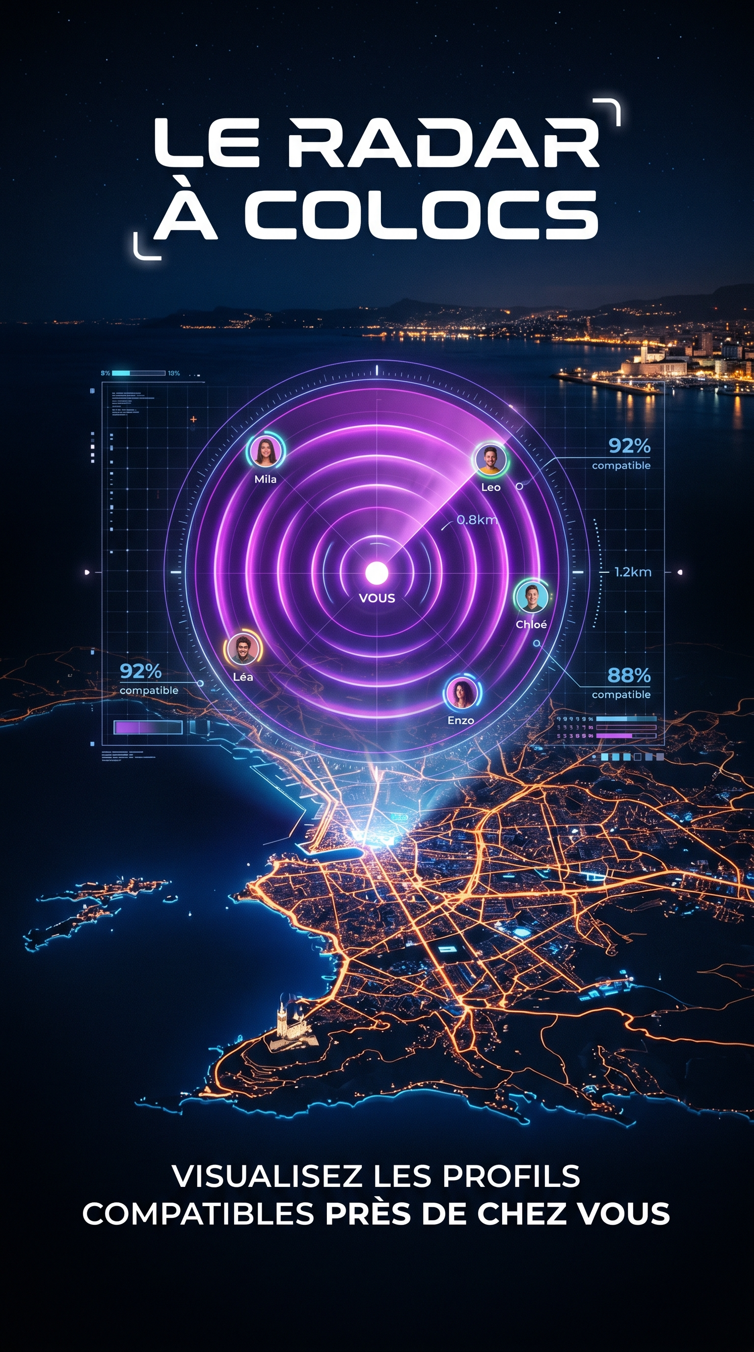 Radar holographique montrant les colocs compatibles autour de vous