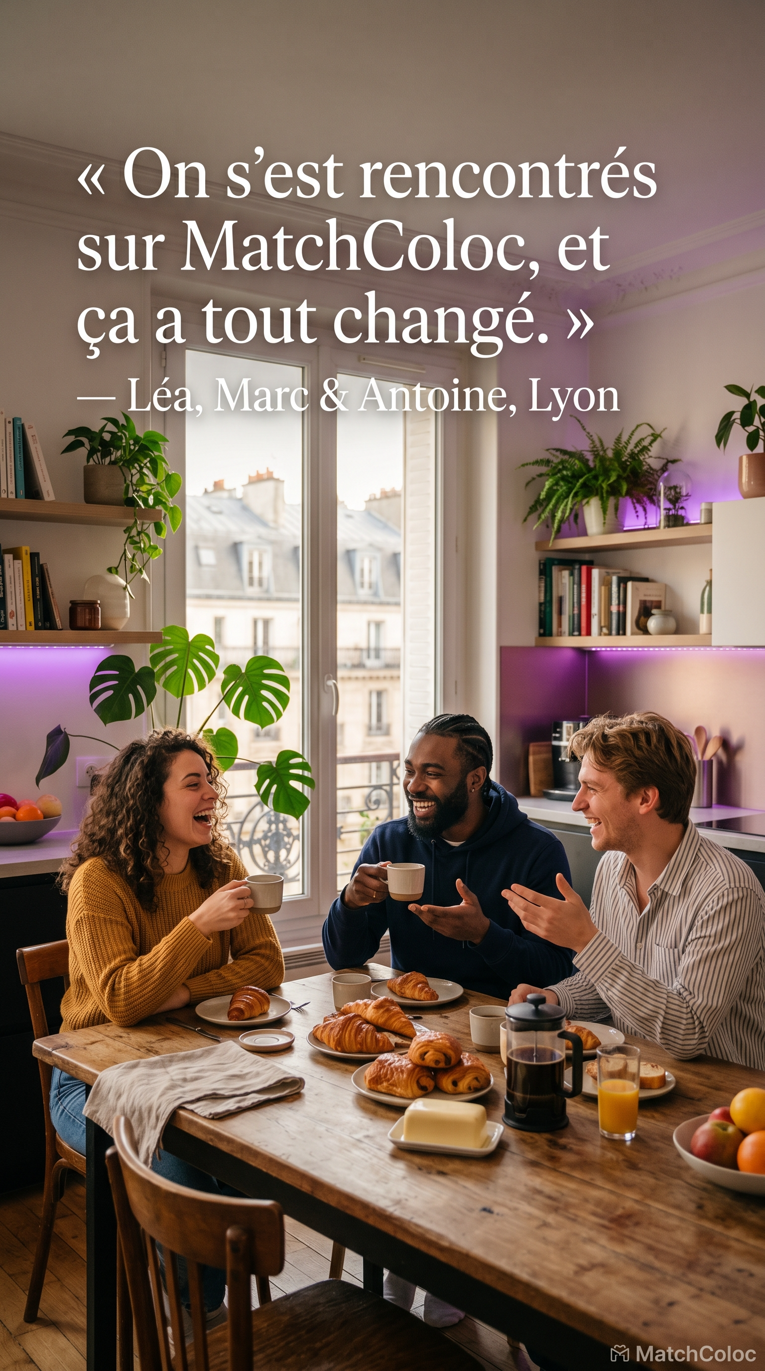 Léa, Marc et Antoine autour d'un café à Lyon — ils se sont rencontrés sur MatchColoc